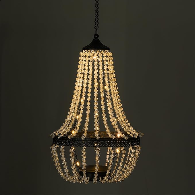 Hanging Solar Chandelier Outdoor, 30 Warm White Lights Acrylic Clear Beaded Chandelier with S Hooks Modern Lantern for Garden Yard Patio Gazebo Decorations, 28”H