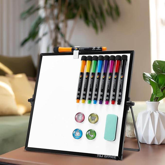 TSJ OFFICE Small White Board - 12 X 12 Inches Small Magnetic Dry Erase Board with Hooks for Wall, Desktop Whiteboard Stand 360 Degrees Revolving Double Sided for Office, Home, School, Black