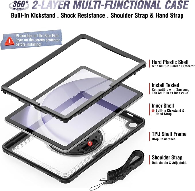 Case Compatible with Galaxy Tab A11 Plus 2026/ A9 Plus 2023 11-Inch Model SM-X230/SM-X236/SM-X238/SM-X210/SM-X216/SM-X218 with Screen Protector Pen Holder Stand Shoulder Strap Handle Grip