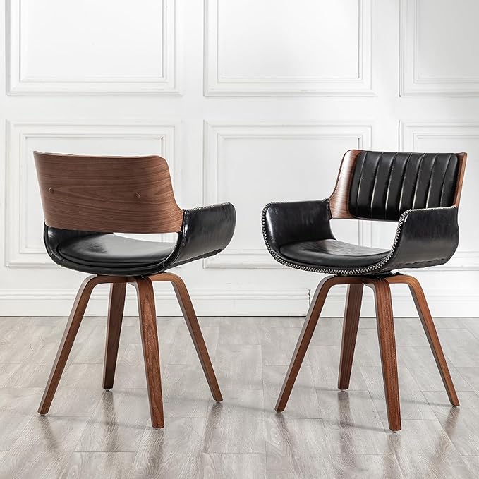 LUNLING Swivel Accent Faux Leather Dining Chairs Set of 4,Mid Century Modern Chairs with Wooden Legs/Armrest/Upholstered Seat/Adjustable Foots for Kitchen Dining Room Desk Chairs,Black
