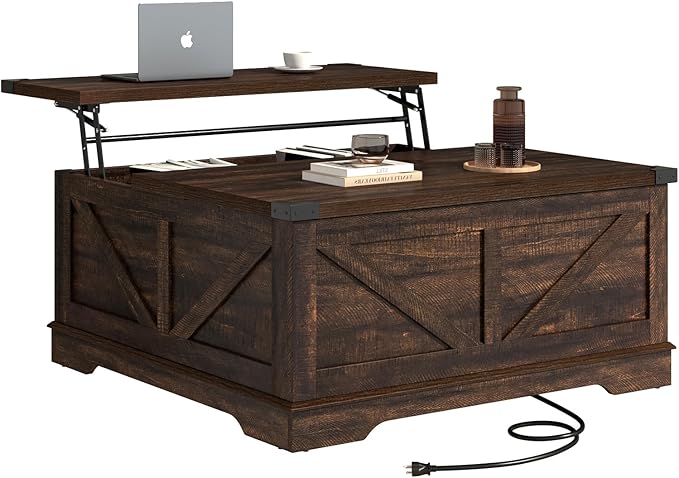 40” Large Farmhouse Lift Top Coffee Table with Power Outlets and Large Hidden Storage, Square Wood Living Room Tables, Multi-Function Lift Wooden Barn Door Center Table, Brown