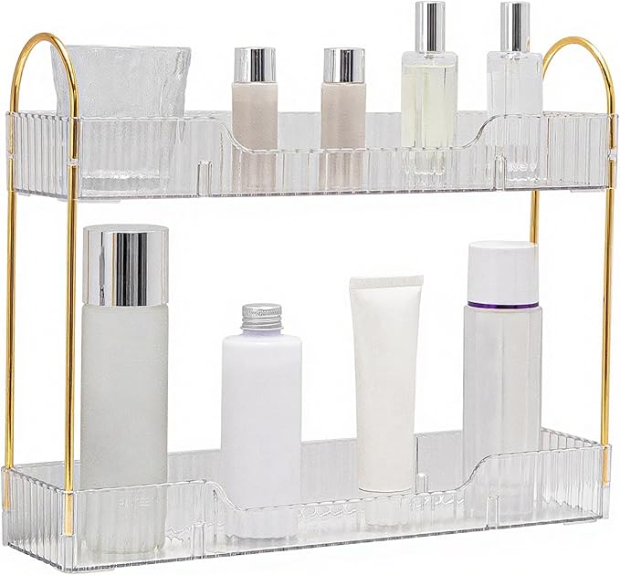 YCIA&DONE 2 Tiers Narrow Vanity Makeup Organizer, Bathroom Organizer Countertop Slim, Perfume Holder Skincare Storage Cosmetic Shelf Spice Rack, for Small Desktop Space, White Clear