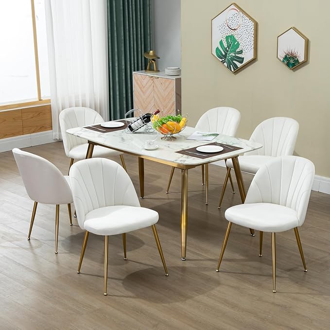 Velvet Dining Chairs Set of 4, Mid-Century Modern Upholstered Kitchen Chair with Metal Gold Legs for Living Room, Dining Room, White
