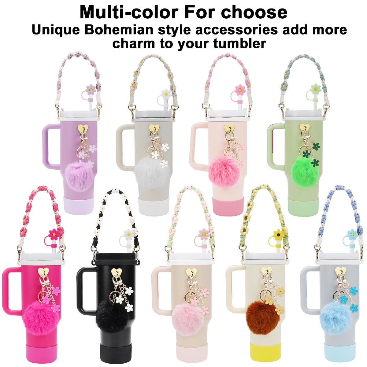 3tyto 13 Pcs Stanley Cup Accessories Set Including Water Bottle Handle Strap, Siliocne Stanley Cup Boot, Siliocne Straw Cover, Stanley Charms for Stanley Cup 40oz & 30oz Tumbler (White)