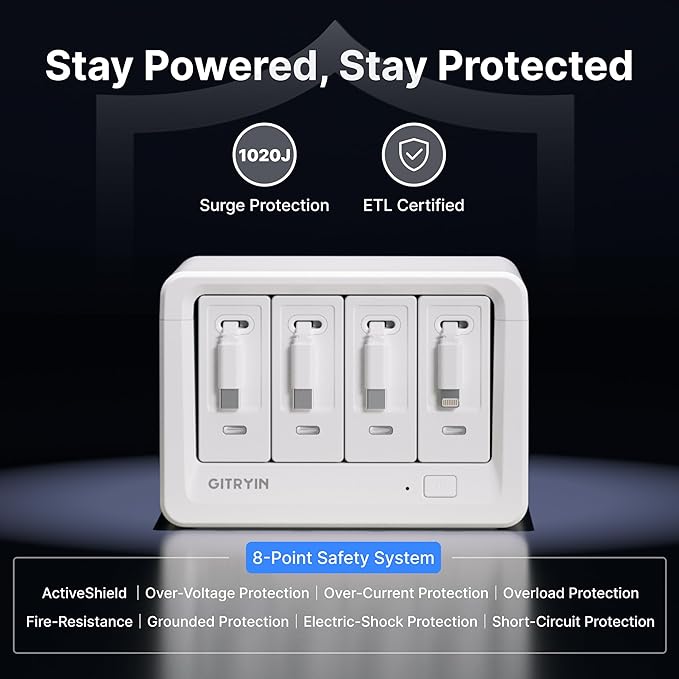 12-in-1 Desktop Charging Station with 3 Retractable Type-C Chargers and 1 Lightning Charger, 40W USB-C Power Strip with 31.5in Cable, Extension Cord with 1020J Surge Protection for Home Office