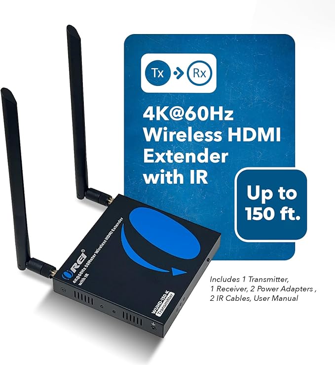 OREI Wireless HDMI Extender Transmitter & Receiver Dongle UtraHD 5.1-5.2 Ghz Up to 4K @ 60Hz - Upto 150 Feet - Perfect for Streaming from Laptop, PC, Cable, Netflix, YouTube, PS4 to HDTV/Projector