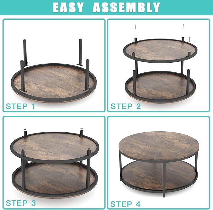 NSdirect 36 inches Round Coffee Table, Rustic Wooden Surface Top & Sturdy Metal Legs Industrial Sofa Table for Living Room Modern Design Home Furniture with Storage Open Shelf (Brown)