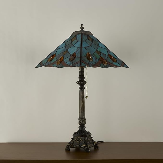Tiffany Table Lamps Sky Blue Stained Glass Crystal Style Mission Desk Lamp 12X12X24 Inch Bronze Resin Base