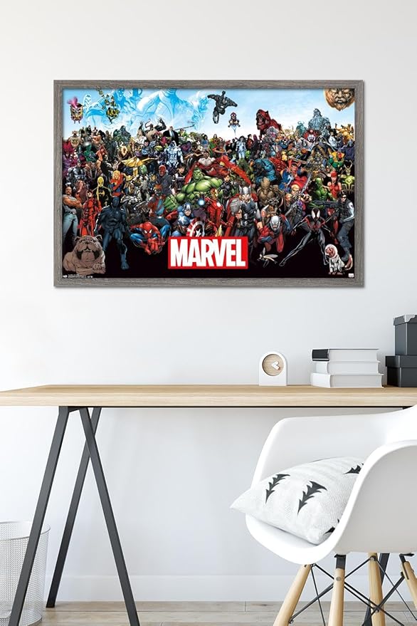 Marvel Comics The Marvel Lineup Wall Poster, 34L" x 22.4W", Barnwood Framed Version