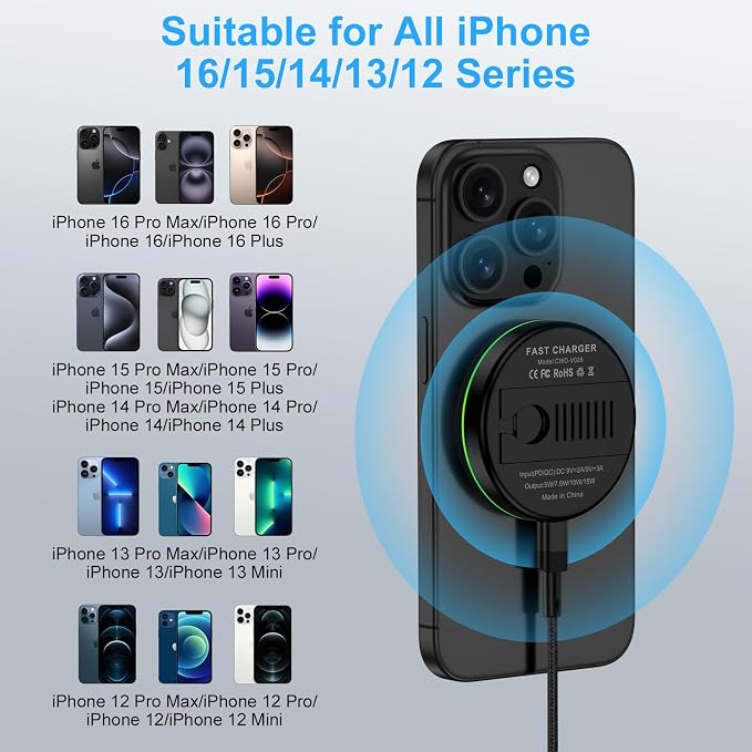 Wireless Charger Fast Charging Pad Magnetic Compatible for iPhone 16E/16 | 15W Wireless Charger Stand Station Kickstand Android Phone Compatible for iPhone 16 Pro Max/17e/17 Air/17 Pro Max/15/14/13/12
