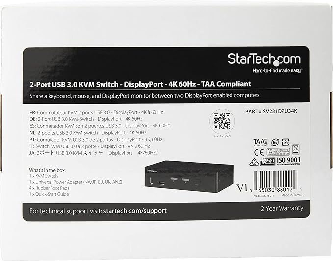StarTech.com 2 Port DisplayPort KVM Switch - 4K 60Hz - Single Display - Dual Port UHD DP 1.2 USB KVM Switch with Integrated USB 3.0 Hub & Audio-Dell HP Apple Lenovo-TAA Compliant (SV231DPU34K), Black