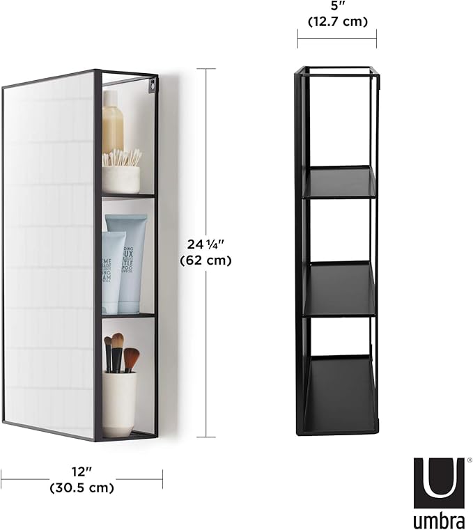 Umbra Cubiko 24x12" Rectangular Black Metal Bathroom Mirror Storage Cabinet with 3 Shelves