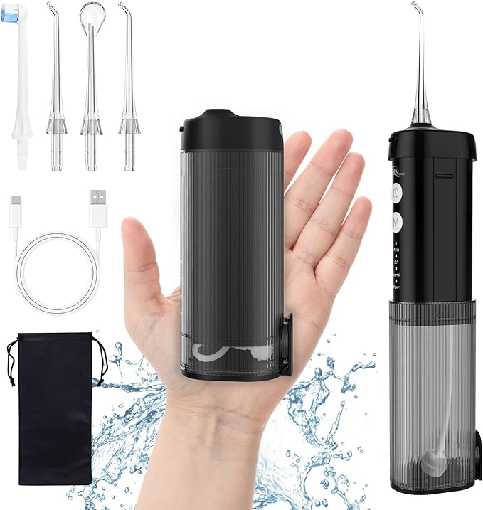 JNGOODS Mini Portable Water Flosser Oral Irrigator Water Teeth Cleaner Pick, Telescopic Water Tank, 4 Modes & IPX7 Waterproof, Home & Travel Water Flossers for Teeth, Braces Bridges Care. (Black)