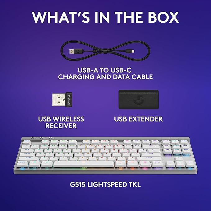Logitech G515 Lightspeed TKL Low Profile Wireless Gaming Keyboard, LIGHTSYNC RGB, Thin Tenkeyless Design, PBT Keycaps, Tactile (Brown) Mechanical Switches - White