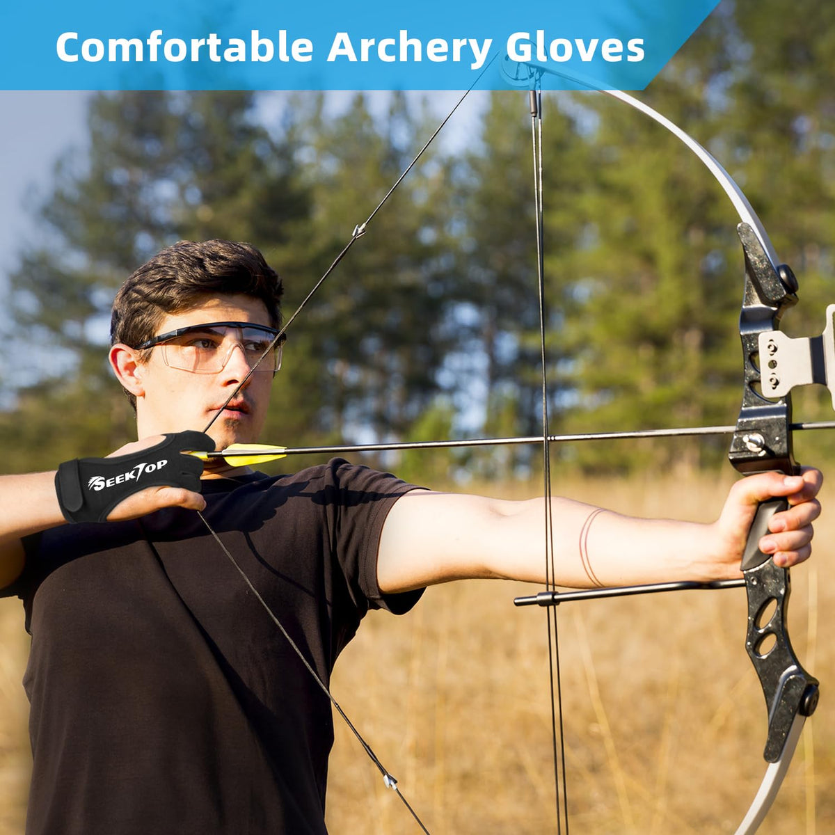 Seektop Archery Gloves Shooting Hunting Leather Three Finger Protector for Youth Adult Beginner (Update Black, M)
