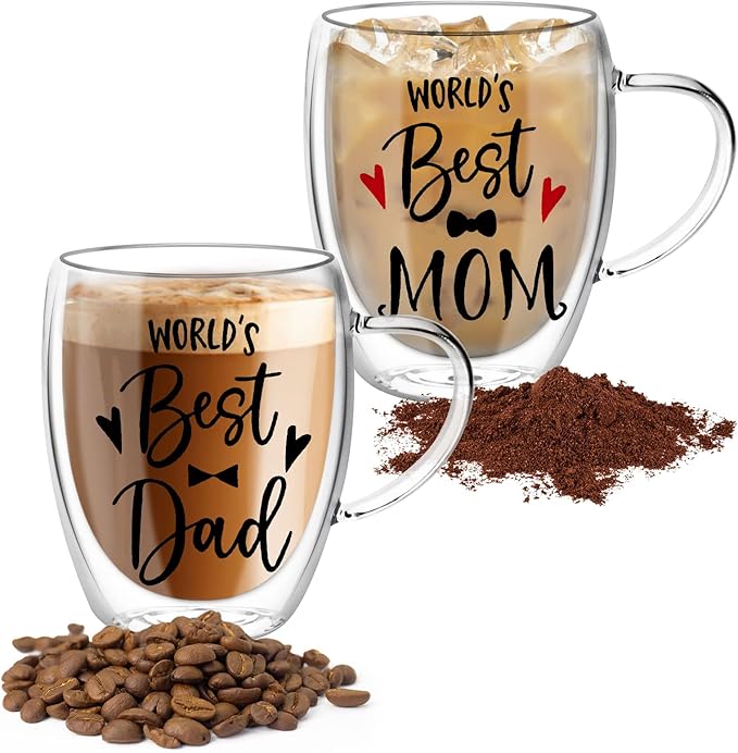 Double Wall Glass Coffee Mugs Set, Clear Insulated Glass Mugs for Hot Beverages, Suitable for Tea, Latte, Espresso, Cappuccino (12 oz Dad Mom)
