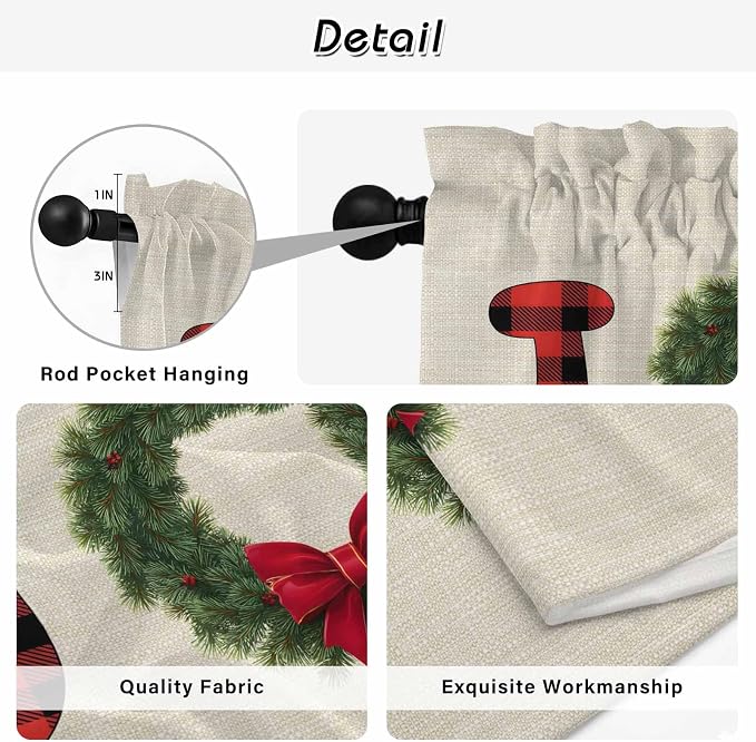 Red Green Christmas Kitchen Curtains 45 Inch Long 2 Panel Set, Rod Pocket
