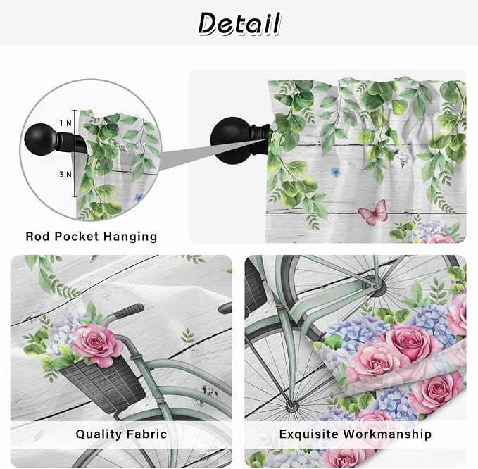Spring Kitchen Curtains, Bicycles Botanical Rose Leaves Butterfly Wood Grain