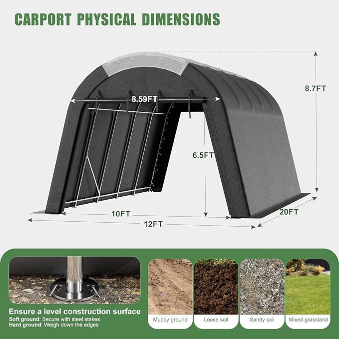 Carport Canopy 12x20 FT Heavy Duty with Translucent Roof - Reinforced Metal Frame,Waterproof Shelter for Cars/RV/ATV, Skyview Portable Garage with Zipper Doors