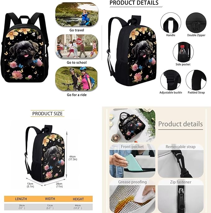 Pekingese Kids School Bookbag 3 in 1 Set for Boys Girls, Kids Backpack with Lunch Box Pencil Case, Lightweight Girls Backpack for Elementary Middle School, Black