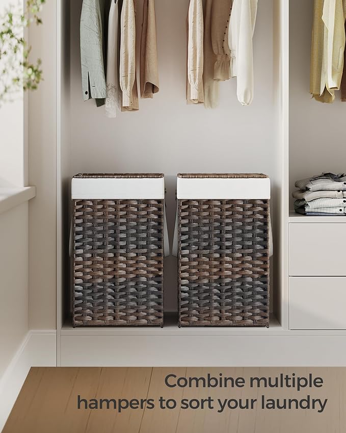 SONGMICS Laundry Hamper with Lid, 17.2 Gallon (65 L) Synthetic Rattan Clothes Laundry Basket with Lid and Handles, Foldable, Removable Liner, Chestnut Brown ULCB165K01