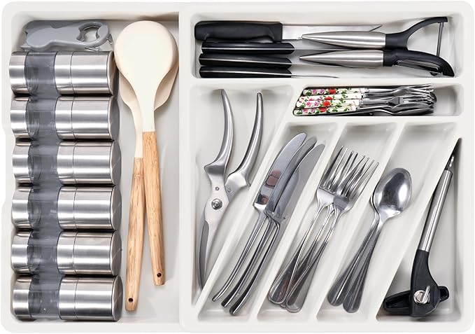 Li&Zhao Silverware Organizer - Expandable Kitchen Drawer Organizer Cutlery Drawer Organizer Flatware Organizer for Drawer Utensil Tray for Kitchen Plastic Silverware Holder for Spoons Knives Forks