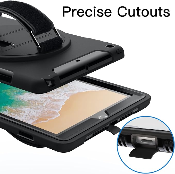 JETech Rugged Case for iPad 6th/5th Gen 9.7 (2018/2017) Black | Built-in Screen Protector 360° Rotating Hand Strap Stand Heavy Duty Shockproof Protection