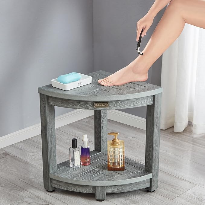 Waterproof Shower Bench for Inside Shower, Gray HDPS Corner Shower Stool for Shaving Legs, Poly Lumber Shower Foot Seat, Plastic Bathroom Shower Bench Seat with Storage Shelf, Non-Slip/No-Maintenance