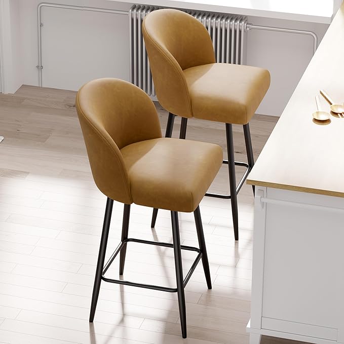 Counter Height Bar Stools Set of 4,360° Swivel Barstools with High Back and Metal Legs,26" Seat Height, Upholstered PU Leather Bar Chairs for Kitchen Island, Dining Room,Cafes,Yellow