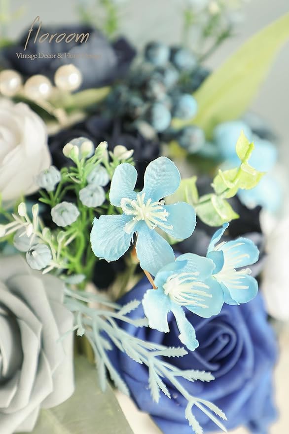 Floroom Artificial Greenery Stems Box Set, 59pcs with 7 Kinds of Faux Greenery Flowers Picks for DIY Bridal Bouquets Wedding Floral Arrangement Table Centerpieces, Blue & White