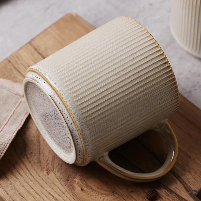 MONITO 16Oz Coffee Mugs Set of 4, Rustic Ceramic Coffee Cups Set with Large Handle, Vintage Striped Stoneware Coffee Mugs for Latte, Cocoa, Tea, Milk, Microwave & Dishwasher Safe, Bonbon Beige
