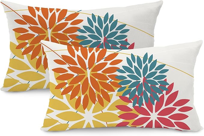 DFXSZ Outdoor Pillow Covers 12x20 Inch Set of 2 Orange Yellow Red Flower Decorative Waterproof Fall Summer Outdoor Pillow Covers for Patio Funiture Garden Couch 168G12