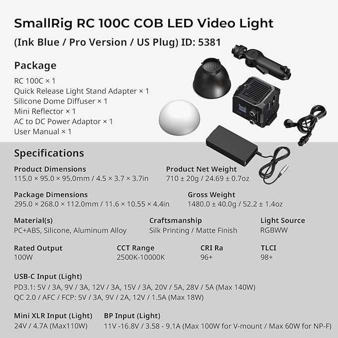 SmallRig RC 100C RGBWW LED Video Light, with App Control, 100W Mini COB Continuous Output Lighting, Handheld Spotlight 2700-10000K/CRI 96+/TLCI 98+/12 Effects, 11000Lux/1m, Pro Version Ink Blue, 5381