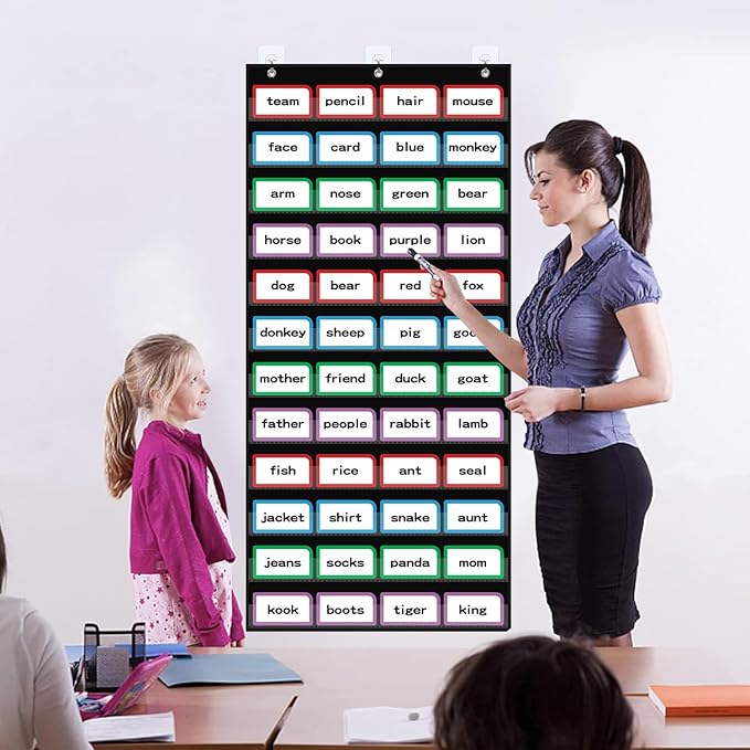 20”W x 48.25”H Classroom Words Pocket Chart with 12 Clear Pockets, Black Standard Pocket Chart for Classroom and Home for Sentence Strips, Reusable Clear Pocket Hanging Words Chart (Black)