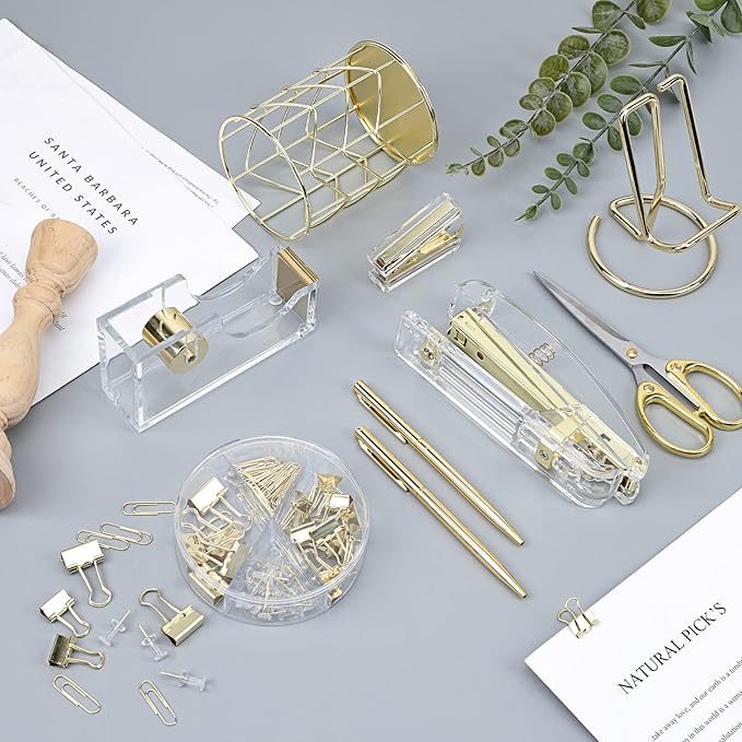 EOOUT Gold Office Supplies Set Desk Accessories, Acrylic Stapler Set Staple Remover, Phone Holder, Tape Holder, Pen Holder, 2 Ballpoint Pen, Scissor, Binder Clips, Ruler, Transparent Glue and Staples.