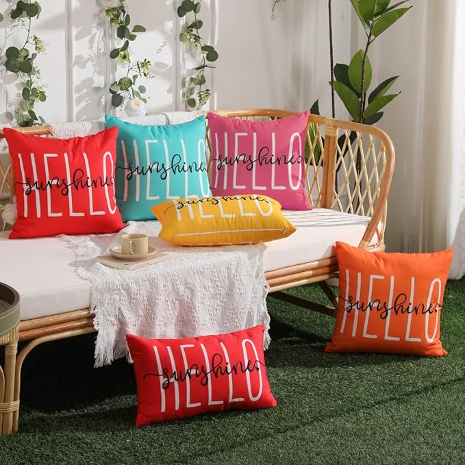 DFXSZ Outdoor Pillow Covers 16x16 Inch Set of 2 Hello Sunshine Decor Hot Pink Waterproof Throw Pillow Covers Summer Outdoor Waterproof Pillow Covers Decor for Patio Funiture Garden Sofa Couch 020H16