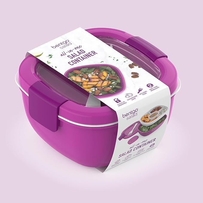 Bentgo Salad Container - 54 oz Bowl with 4-Compartment Toppings Tray, Leak-Proof Dressing Container, Reusable Fork, BPA-Free Lunch Box for Meal Prep & Food Storage; Removable Bento Tray (Purple)