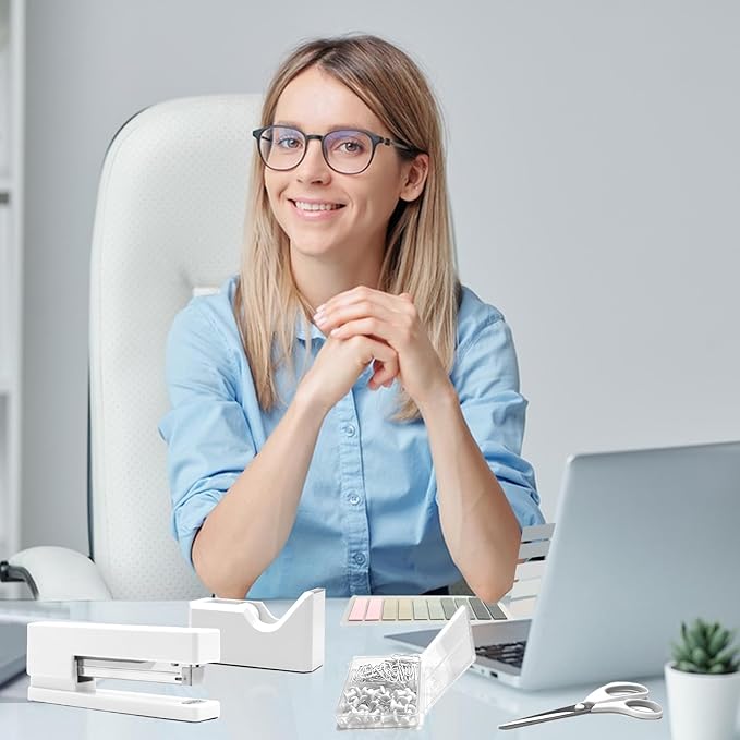 White Office Supplies, UPIHO White Desk Accessories, Stapler and Tape Dispenser Set for Women with Stapler,Tape Dispenser, Staple Remover, Staples,Scissor and Tabs for Students Office Clerks