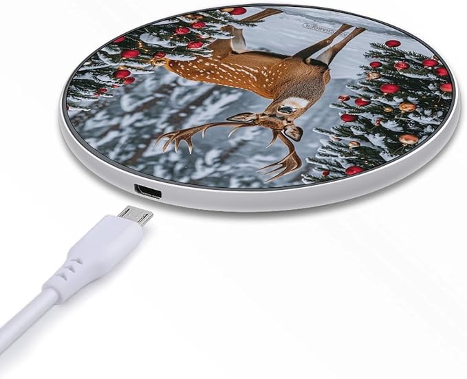Cow Deer Trees Christmas Wireless Charger with USB CableAluminum Alloy Frame 10W Max Compatible Fast Wireless Charging Pad- 3.2ft Cable Included for Travel Home Office Desk
