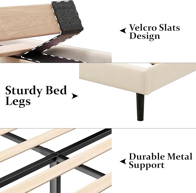 Full Size Bed Frame with Upholstered Wingback Headboard, Easy Assemnly Platform Bed, Wooden Slat Support No Box Spring Needed, Cream