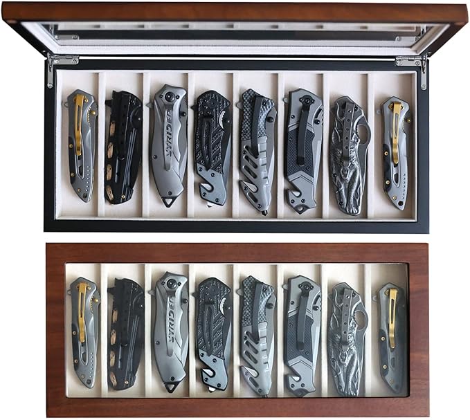 Besforu Knife Display Case Organizer storage 8 pocket knives, Folding Knife Holder with Real Glass Window Top, Pocket knife collection box for men gift (Ebony Veneer 8 slot)