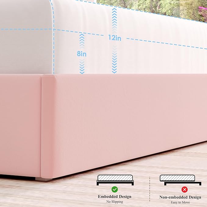 HOSTACK Full LED Bed Frame with Storage Headboard and Charging Station, Girls Bed Frame with 4 Drawers and USB Ports, Velvet Upholstered Platform Bed Frame with Bookcase, No Box Spring Needed, Pink