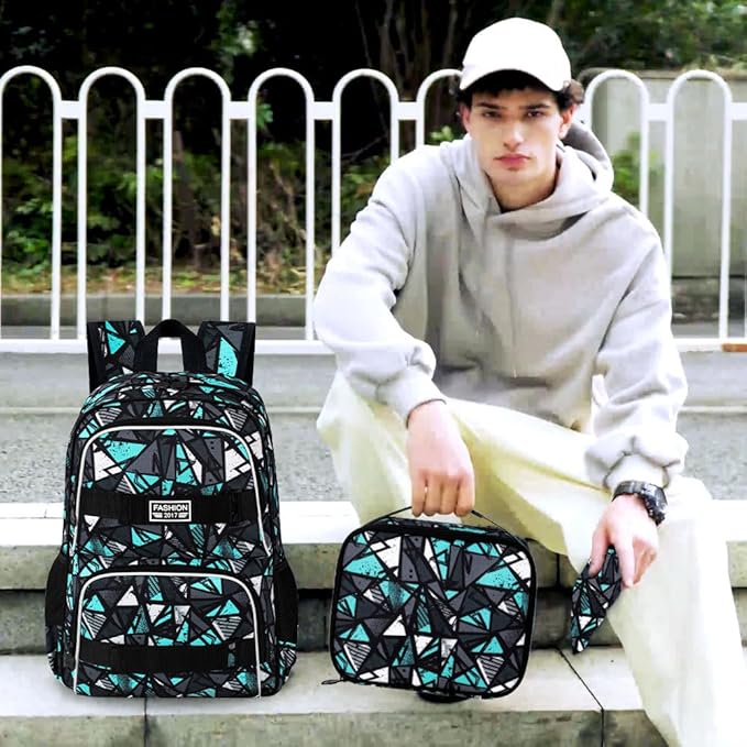 3PCS Boys Bookbag, 17" Water Resistant School Bag with Lunch Box, Cute School Bag Set for College Teenagers High Middle Elementary - Geometry White