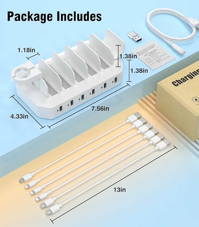 ππππ ππ©π π«ππππ Charging Station for Multiple DevicesγSmart IC Tech & Adjustable Dividersγ 6-Port USB Charging Dock Compatible w/iPhone/Android/MacBook/Tablet/Kindle & Other Electronic