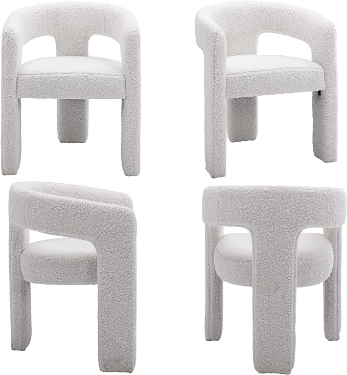 Modern Sherpa Barrel Dining Chair Upholstered Faux Fur Dining Room Chair with arm Comfy Accent Side Chair for Kitchen/Living Room/Reception, White