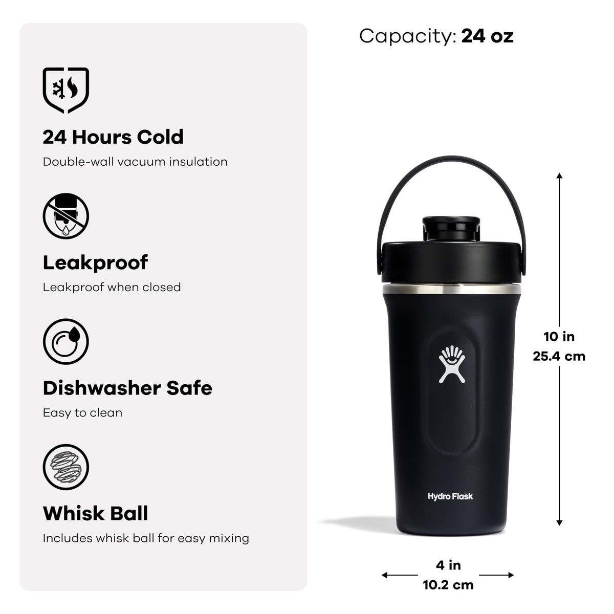 Hydro Flask Shaker Bottle – Insulated Stainless Steel Gym Bottle for Pre Workout & Protein 24 Oz Black