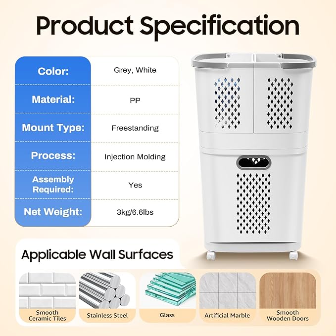 Household Storage Basket, 360° Rolling Movable Laundry Basket,Floor-Standing White Multi-layer Clothes Organizer for Kitchen,living Room and Bathroom (2 Tiers)