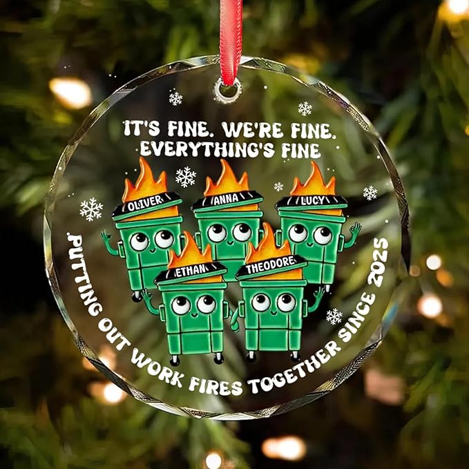 NAZENTI Personalized Fire Response Team Glass Ornament, Custom Flaming Dumpster Holiday Piece, Coworker Christmas Tree Hanging Decoration