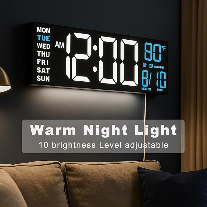 TrophyRak 16" Large Digital Wall Mount Clock, Count Down Timer, Alarm, Big LED, RGB Color, DST, Temperature for Living Room Classroom Desk, Wall, Xmas, Birthday Gift for Senior Mom Dad, White Blue