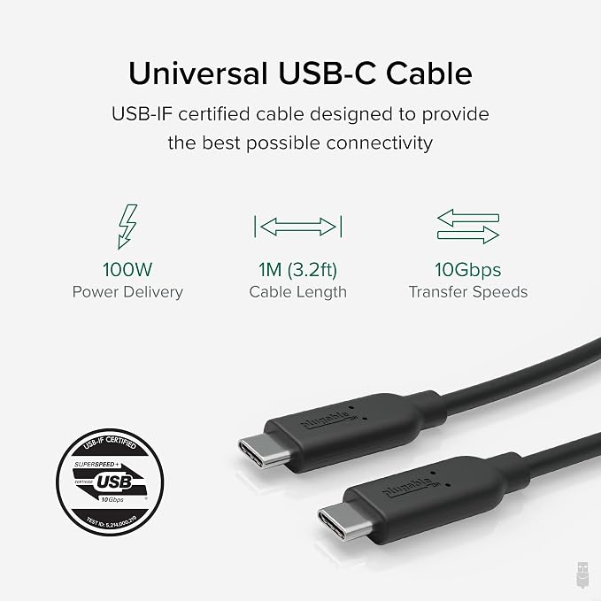 Plugable GaN USB C White Charger Block with 10Gbps USB C to USB C Cable Bundle
